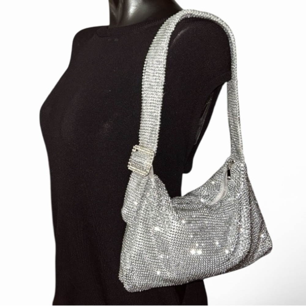 INC International Concept Glittery Mesh Silver Diamanté Evening Shoulder Bag